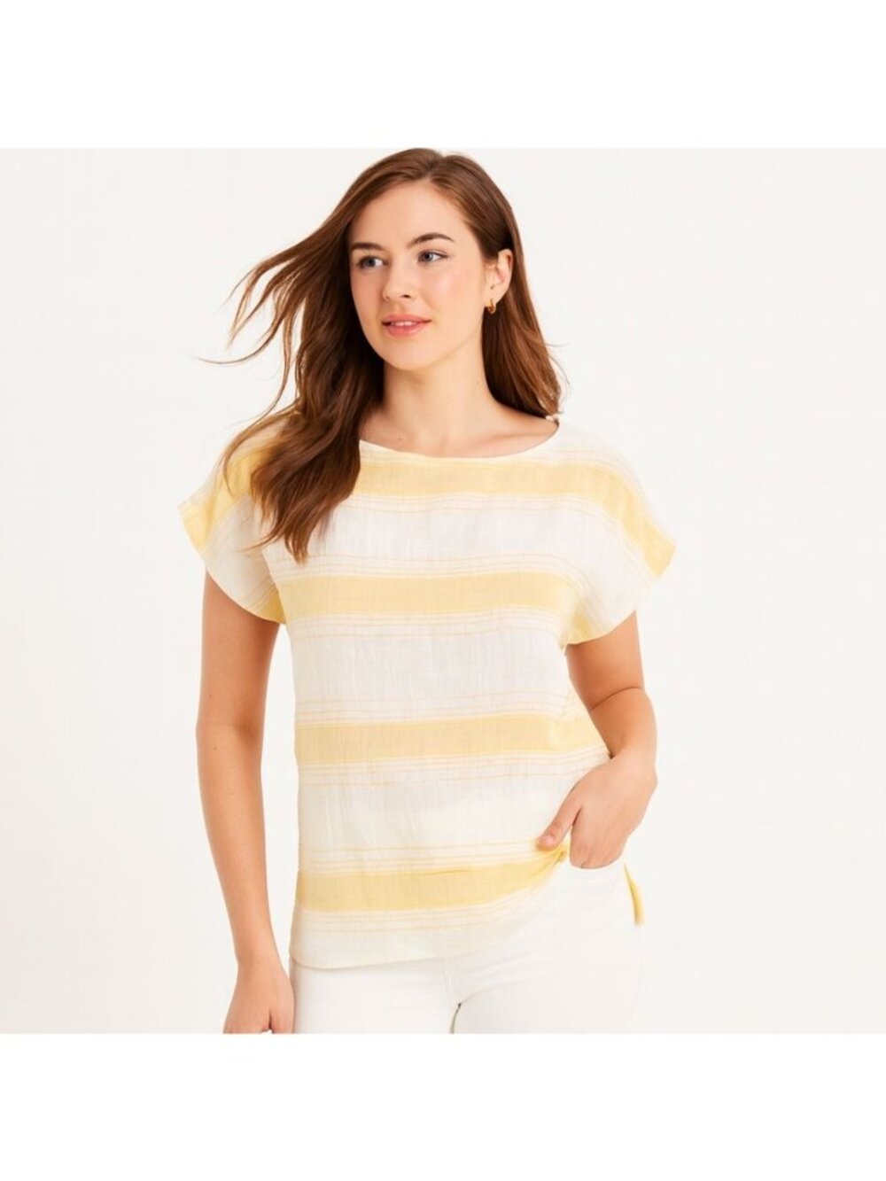 NEW Ann Taylor LOFT Womens Dolman Top Yellow Textured Stripe Semi Sheer Size S